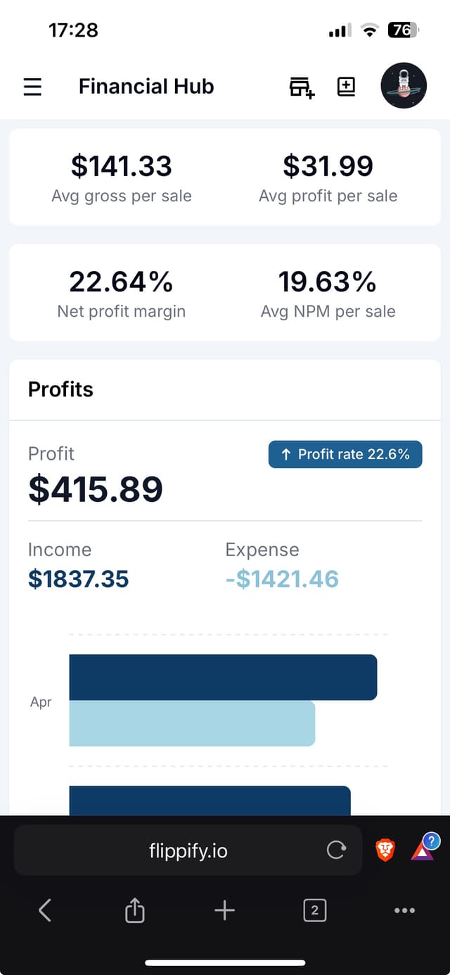 Flippify mobile interface displaying eBay seller dashboard, inventory tracking, and stock control tools